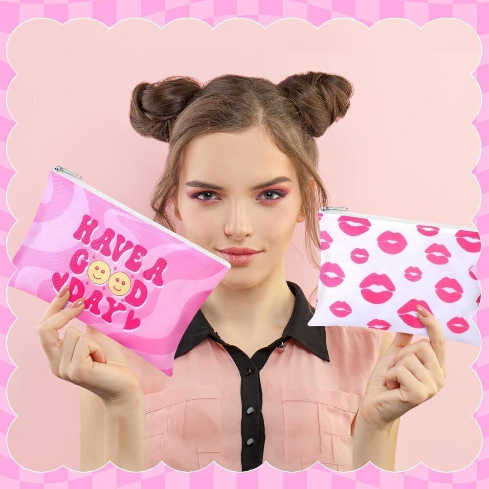 24 Pcs Preppy Cosmetic Bags Pink Makeup Pouches Bulk Cute Cosmetic Pouch with Zi - Picture 5 of 7